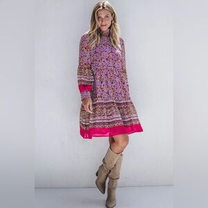 Charming Charlie Smocked Mauve/Lavender Floral Long Sleeve Dress Women Size S